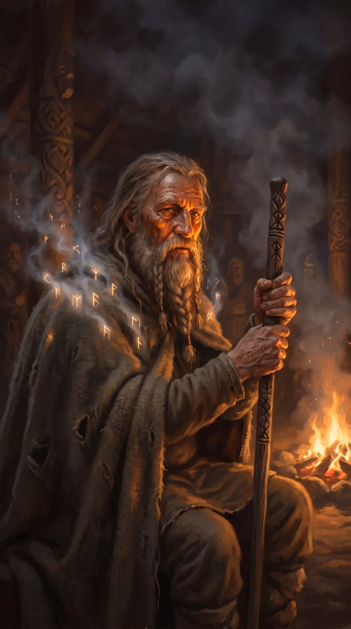Firelit painterly scene of a saga-teller among glowing runes