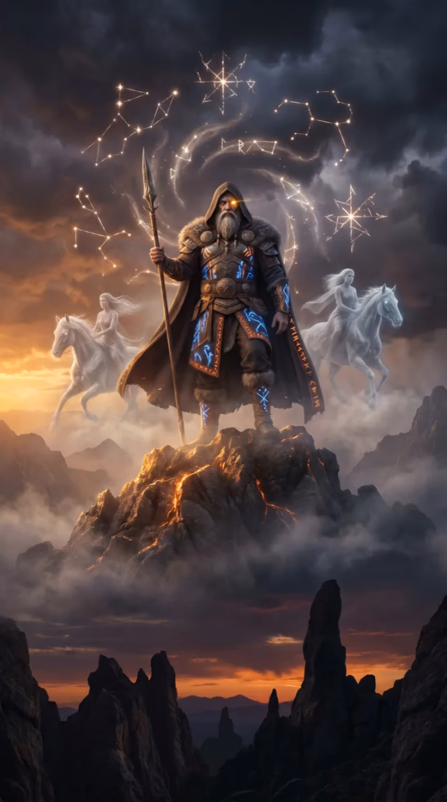 Óðinn the All-Father — a one-eyed, grey-bearded wanderer in a wide-brimmed hat and cloak, leaning on a spear.