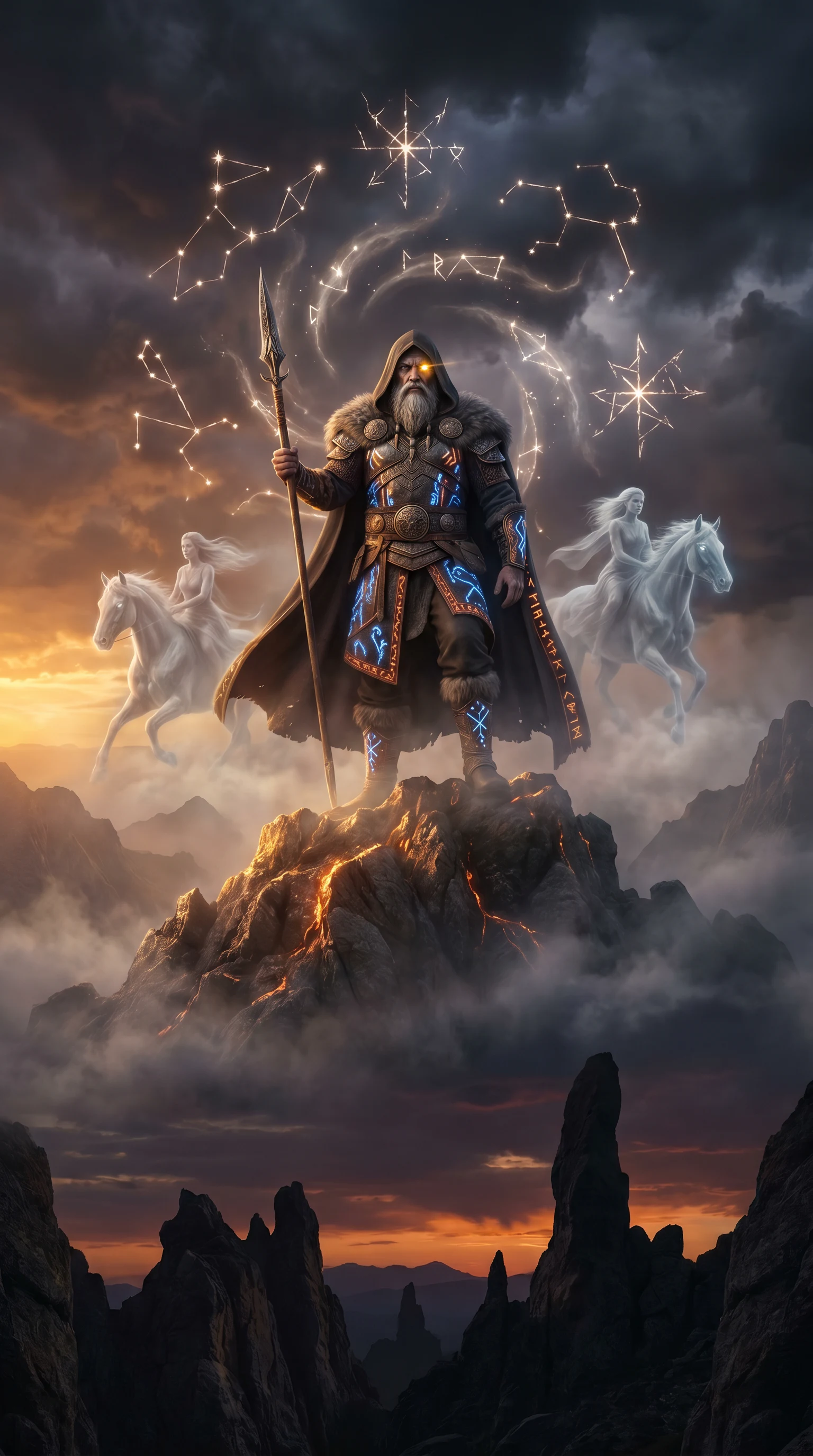 Óðinn the All-Father, spear in hand beneath a stormlit sky
